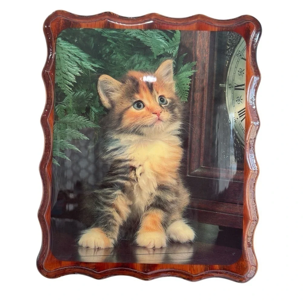 VTG Kitten Picture Lacquered Mounted Decor Calico Cat 9